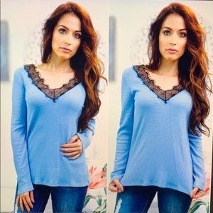 blue lace hem thermal knit top